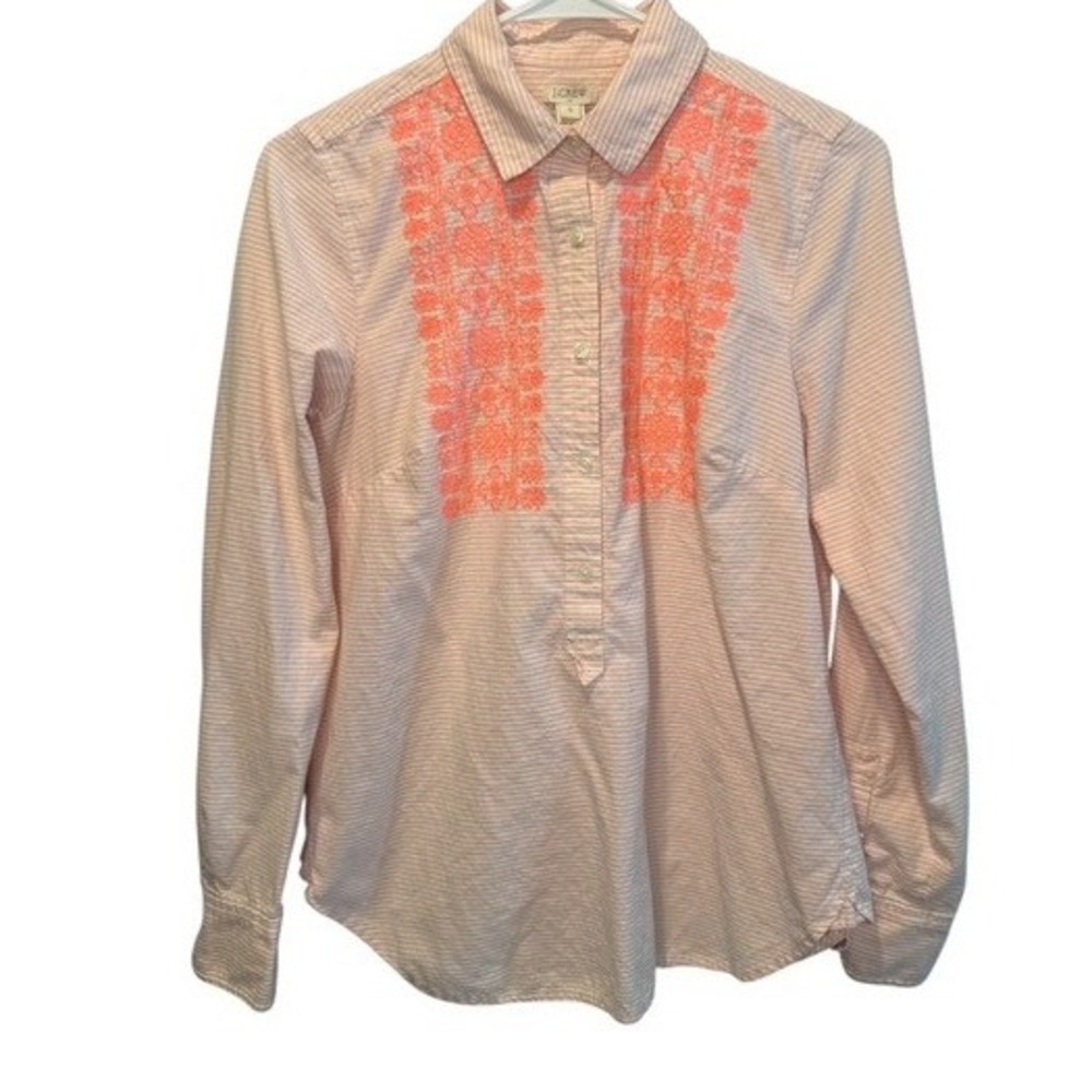 J.Crew Womens Pink Striped Button Down Neon Embroidered Bib Top S Casual Chic